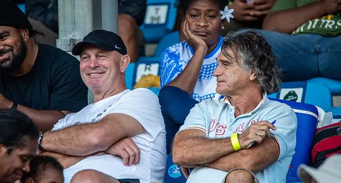 From left: Flying Fijians head coach Vern Cotter and Nadroga Rugby coaching director Franck Boivert at the HFC Bank Stadium, Suva, on August 27, 2022. Photo: Leon Lord