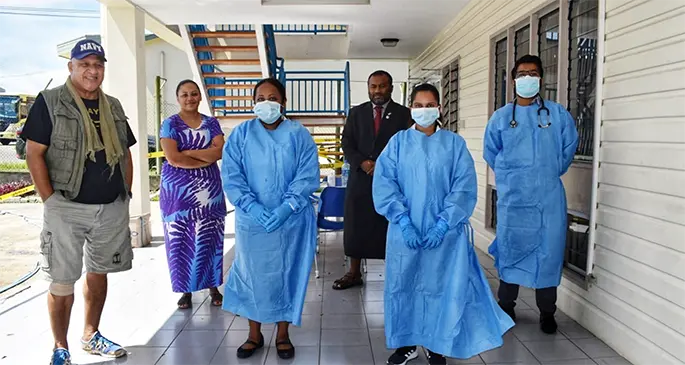 Prime Minister Voreqe Bainimarama and Minister for Health and Medical Services Dr Ifereimi Waqainabete at a fever clinic in Valelevu, Nasinu on April 9, 2020. Photo: Office of the Prime Minister