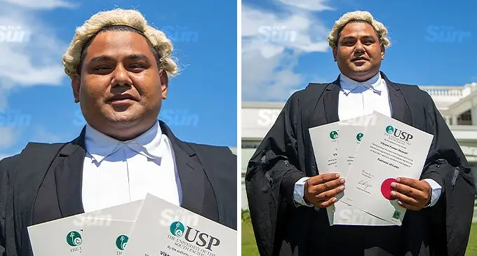 Newly graduated Vikrant Shandil celebrates after his admission to the bar on Friday, November 19, 2021 at the Grand Pacific Hotel in Suva. Photo: Leon Lord