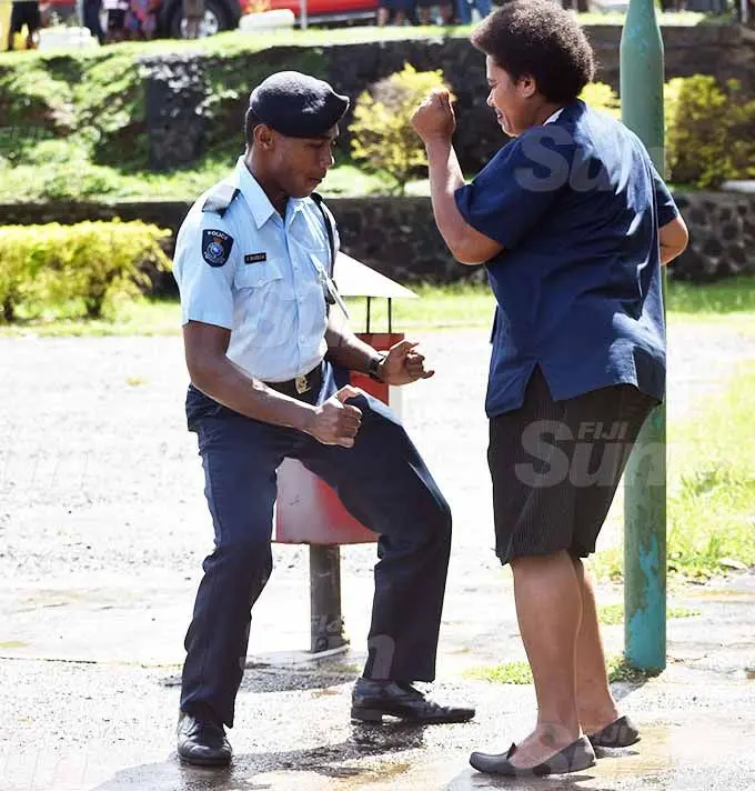 Police Constable Josese Lagivala of the Fiji Police Band performed at the Labasa Hospital as they brought live music to lift spirits of the people of the North and was reciprocated by ahospital worker on January 5, 2021. Photo: Laisa Lui