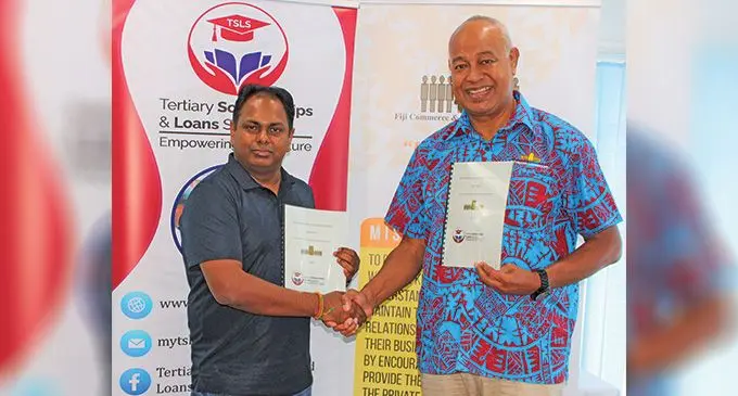 Tertiary Scholarships and Loans Service chief executive officer Dr. Hasmukh Lal and Fiji Commerce & Employers Federation chief executive officer Kameli Batiweti after the signing of the Memorandum of Understanding on September 23, 2022. Photo: Wati Talebula-Nuku