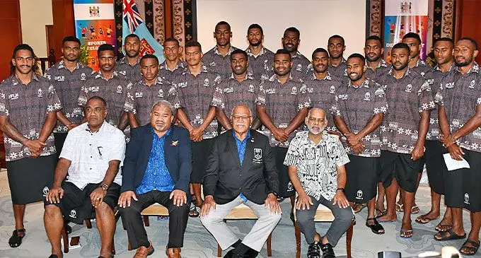 Prime Minister Sitiveni Rabuka, Minister for Youth and Sports Jese Saukuru and Minister for Labour Agni Deo Singh with National sevens team members and officials for Olympic  on June 21, 2024. Photo: Ronald Kumar.
