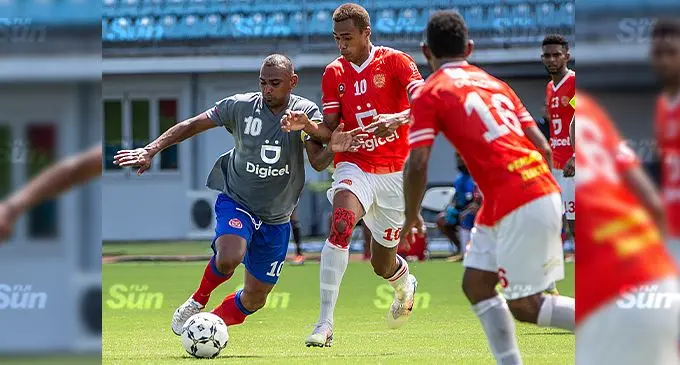 Navua captain Vineet Chand dribbles his way past Rewa’s Gabirieli Matanisiga during the Digicel Premier League clash at ANZ Stadium, Suva, on November 21, 2021. Photo: Leon Lord