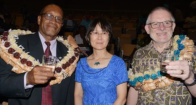 Minister for Infrastructure, Transport, Disaster Management & Meteorological Services Jone Usamate (left), JICA Resident Representative Yakari Ono and University of South Pacific’s Professor Derrick Armstrong with drinking water from Nakini Village, Naitasiri-EPS project during the opening of the Ecological Purification System (EPS) Public Seminar at USP in Suva on March 12, 2019. Photo: Ronald Kumar