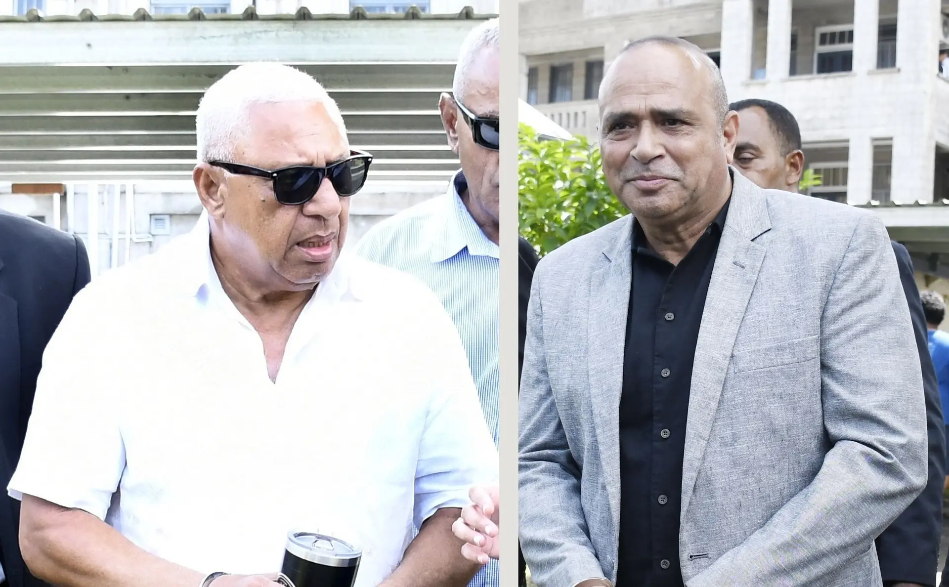 Former Prime Minister Voreqe Bainimarama, left, and Former Police Commissioner Sitiveni Qiliho outside the Suva Courthouse on February 19, 2026.