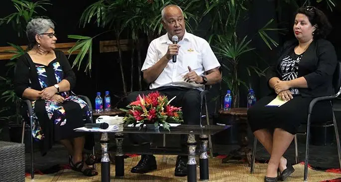From left: Fiji Women’s Crisis Centre Coordinator Shamima Ali, Fiji Commerce and Employers Federation chief executive officer Kameli Batiweti and business owner Kim Beddoes during Mai TV’s RESET Fiji panel discussion on Gender Equality. 