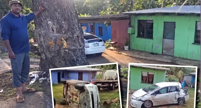 Iqbal Ahmed standing beside the tree that the vehicle crashed into.  INSET: The vehicle after it plunged into the compound.  Photo: Waisea Nasokia