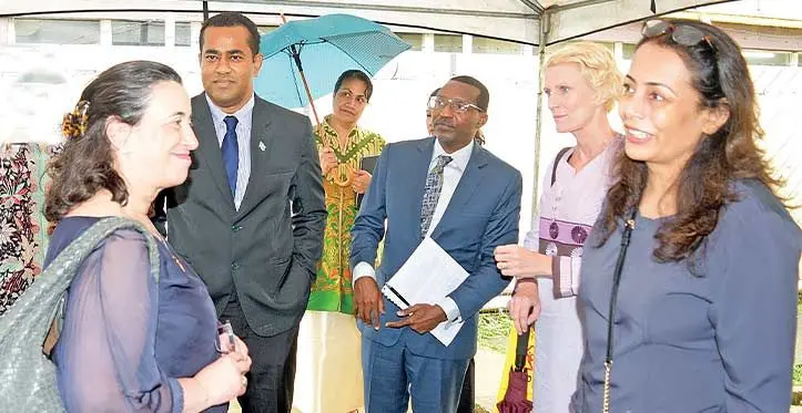 From left: Vice President Easte Asia Pacific (EAP) World Bank Manuela Ferro, Acting Minister for Health and Minister for Lands Filimoni Vosarogo, World Bank Country Head Stephen Ndeqwa, Margareta Harral with Raiwaqa Health Centre Medical Officer, Dr Erum Samreen during the tour of the Health Centre on July 19, 2023. Photo: Ronald Kumar