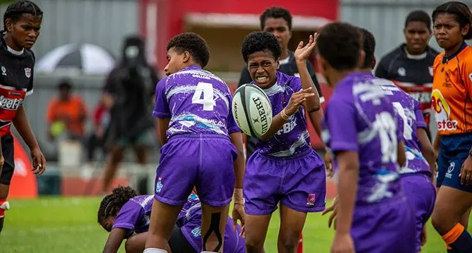 Sigatoka Methodist Collage halfback Seruwaia Wala clears the ball during the U16 Raluve Trophy final against Naitasiri Secondary School at Churchill Park, Lautoka, today. Photo: Leon Lord
