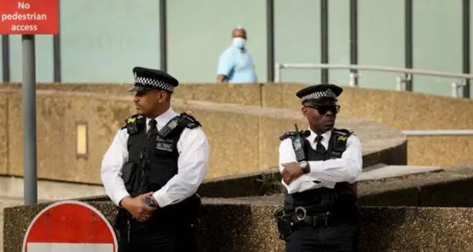 Police stand guard St Thomas' Hospital where British Prime Minister Boris Johnson remains in intensive care in London, Britain on April 8, 2020.(Photo by Tim Ireland/Xinhua)