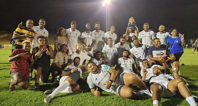 Western Force’s Manasa Mataele (back first left) with the Swire Shpping Fijian Drua side and fans after their pre-season trial match in Brisbane, Australia on February 16, 2023. Photo: Fijian Drua 