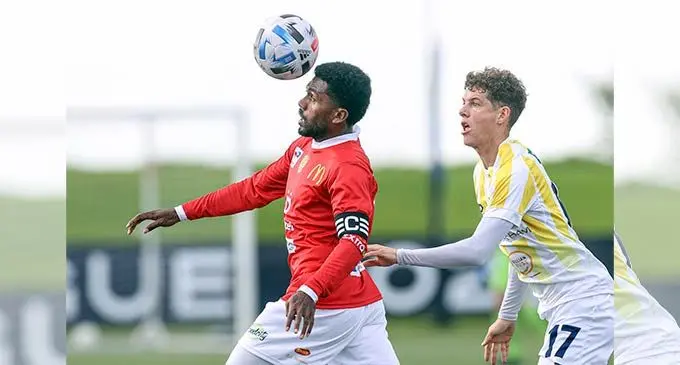 Rewa captain Setareki Hughes controls the ball against Auckland City in the OFC Champions League Group B clash at Ngahue  Reserve in Auckland, New Zealand on August 8, 2022. Auckland City won 3-0. Photo: OFC Media