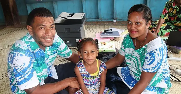From left: Vitinia Ledua, 25, daughter Esther Fane, 5, Makiti Vulimereke, 27, in Vanuaso Village on February 17, 2023. Photo: Josefa Babitu