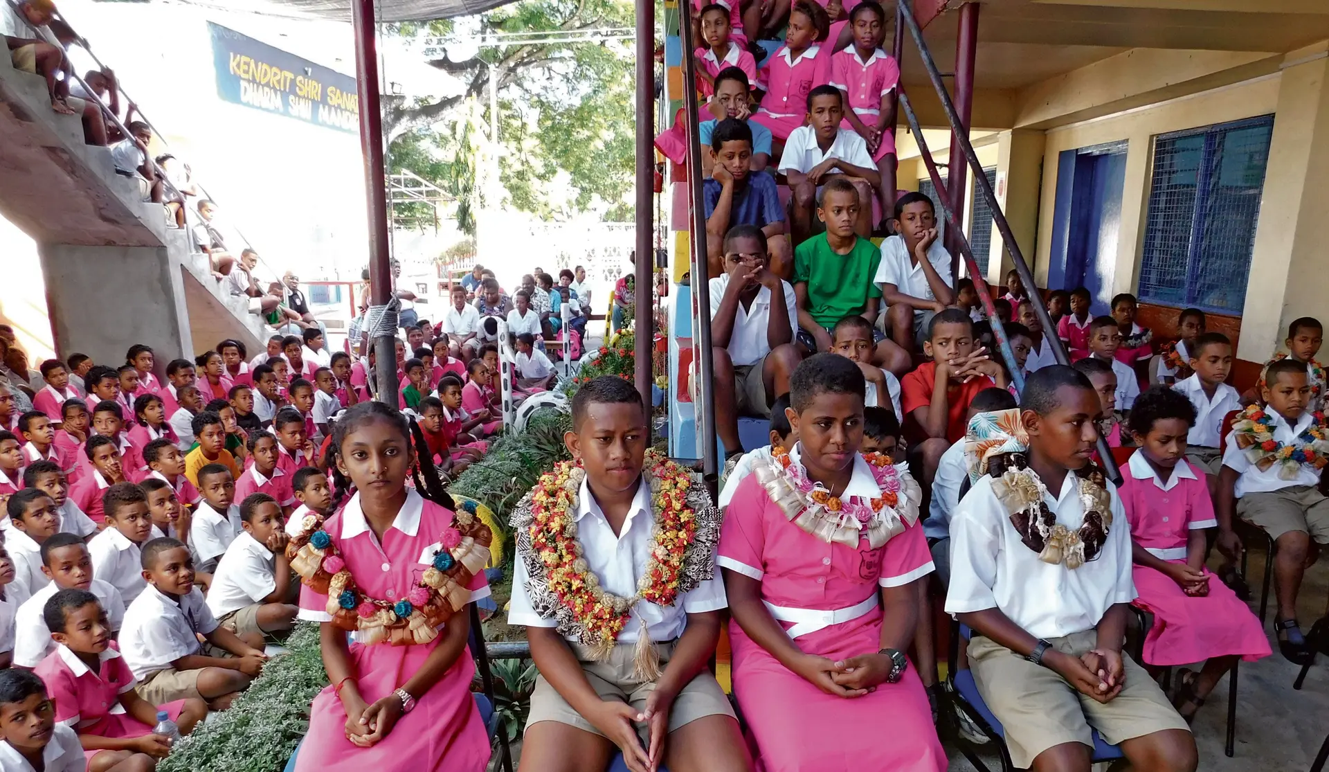 Head girl Tanisha Narayan, head boy Gade Waqabaca, deputy head girl Avikali Gade and deputy head boy Apenisa Nasoro during the prefects induction. Photo: NADI PRIMARY SCHOOL
