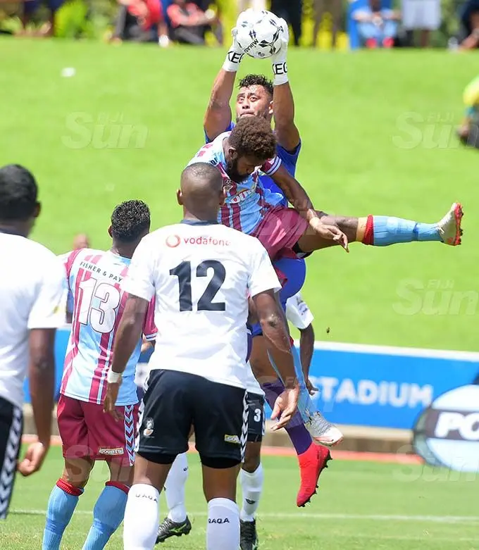 Suva’s goalkeeper, Beniamino Mateinaqara, stops a goal attempt from Marlon Tahioa of Nasinu during their 2020 Courts IDC pool game at the ANZ Stadium in Suva on October 6, 2020. Nasinu won 1-0.