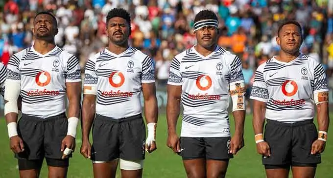 Vodafone Flying Fijians players sing the national anthem during their Pacific Nations Cup match against Tonga at the HFC Bank Stadium on July 2, 2022. From left: Jiuta Wainiqolo, Kalaveti Ravouvou, Vinaya Habosi and Teti Tela. Habosi and Ravouvou were two of five debutants last week and scored a try each in their 36-0 win over Tonga. Photo: Leon Lord  