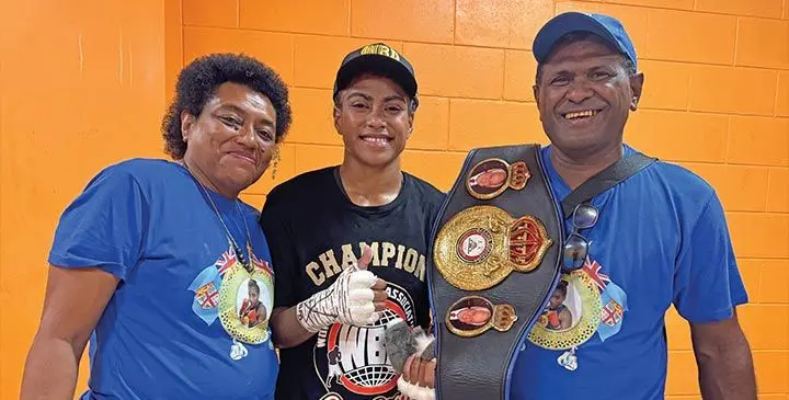 Sera Bolatini, middle, with her parents Laisani Leba (left), and Navitalai Seu following her win at the Vodafone Arena, Suva on July 19, 2025. Photo: Sereana Salalo-Baleiwai