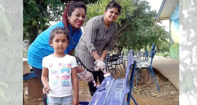 Soroptimist International Lautoka branch president, Zareena Bi (middle), with her granddaughter Anaya Khan and Lorin Sahib at the Andrah Sangam Primary School in Lautoka. Photo: Salote Qalubau