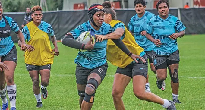 Rooster Chicken Fijiana lock Reijeli Daveua is tackled by Talei Wilson during training in Auckland, New Zealand on October 13, 2022. Photo: FRU Media