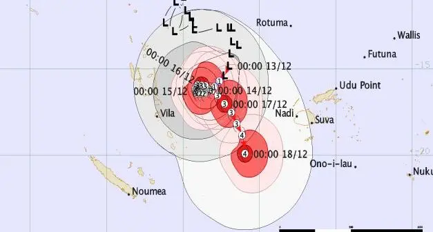 Forecasted track map (for the next five days) for Tropical Depression [TD02F] at 12pm on 13 December, 2020.