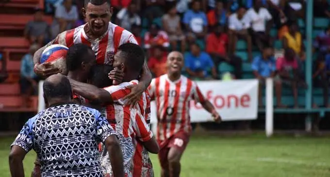 Labasa striker Christopher Wasasala is mobbed by his team-mates after scoring the equaliser against Ba during the Vodafone Premier League c;lash at Subrail Park, Labasa on March 3, 2019. Photo: Wati Talebula
