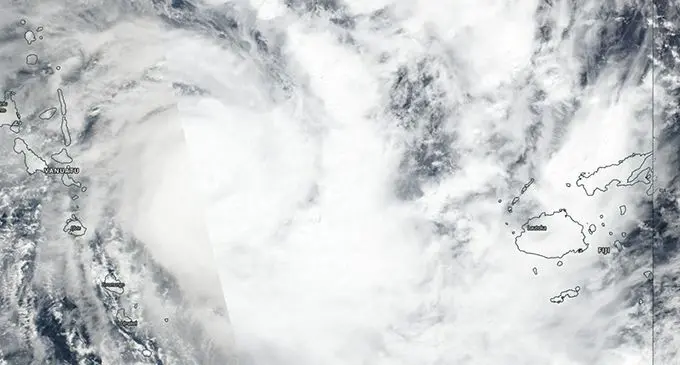 NASA-NOAA's Suomi NPP satellite provided forecasters with a visible image of Tropical Cyclone Harold on April 7 between Vanuatu (left) and Fiji (right). 
