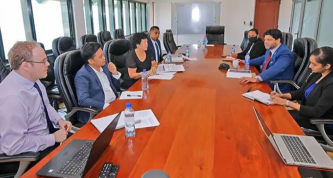 Attorney-General and Minister for Economy Aiyaz Sayed-Khaiyum (second from right), speaks to OCO Global consultants Joe Phillips and Danilo Batinga. Also pictured are Investment Fiji chair Jenny Seeto (third from left) and Investment Fiji acting chief executive officer Kamal Chetty (fourth from left). Photo: DEPTFO News