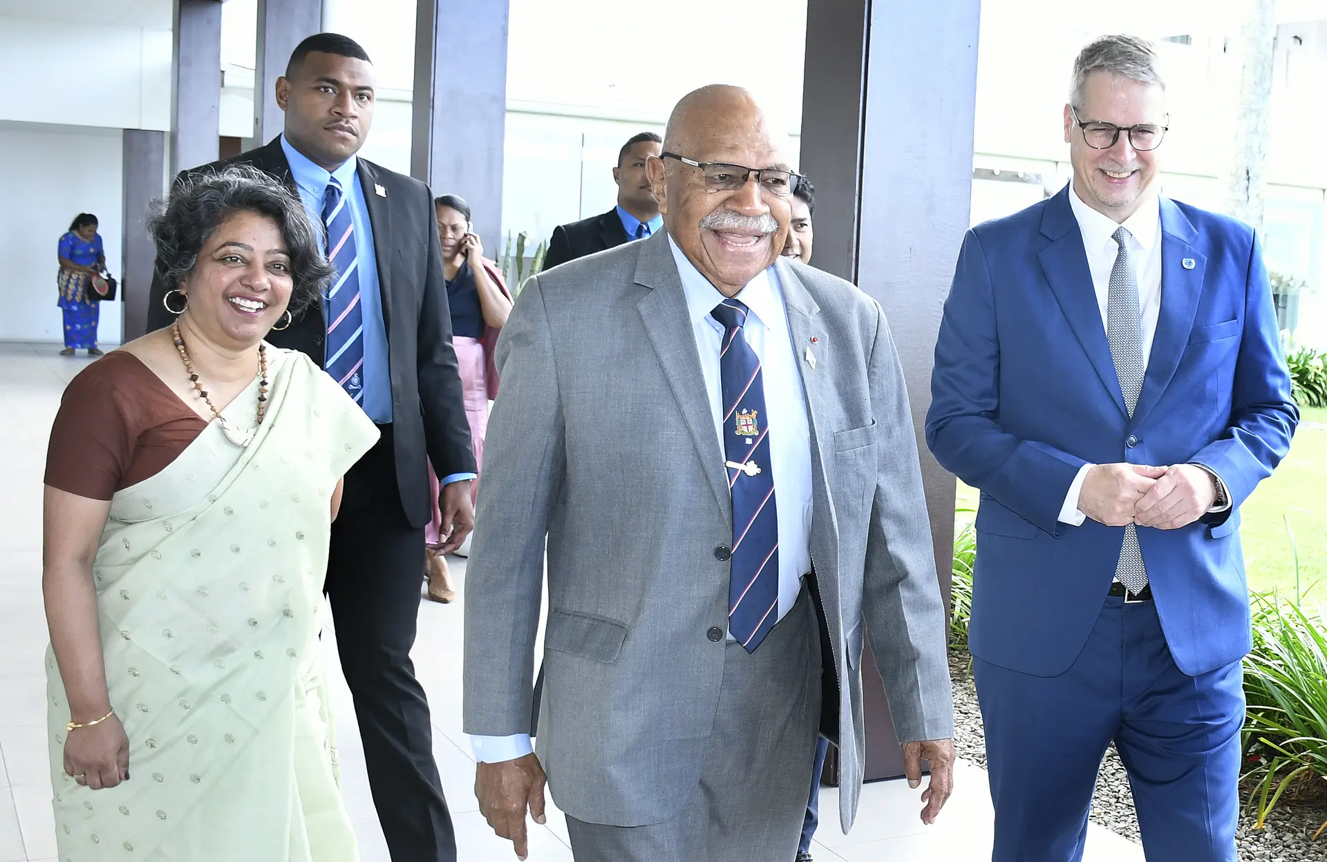 From left: Minister for Women Sashi Kiran, Prime Minister Sitiveni Rabuka and UN Resident Coordinator Dirk Wagner during the National Social Cohesion Stakeholder Conference in Suva on March 30, 2026.