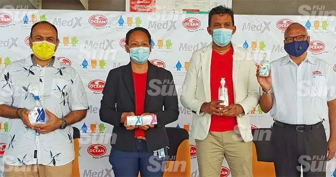 From left: Punjas Group director, Chetan Punja, Acting Head of Department at Lautoka Hospital’s Emergency Department, Dr Mafa Lokenga, Divisional Health Inspector West, Rakesh Kumar and Punjas Group Marketing Manager, Gopal Jadhav during the Global Handwashing Day 2021 celebrations at the Ocean Soaps Pte Limited factory in Navutu, Lautoka on October 15, 2021. Photo: Nicolette Chambers