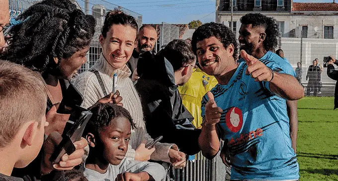 Flying Fijian halfbacks Simione Kuruvoli and Frank Lomani meet fans at the Moueix Stadium in Libourne, south western France, on October 27, 2022 Photo: Supplied