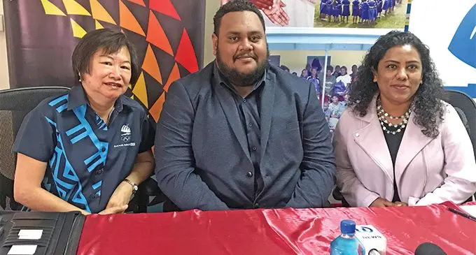 From left; FASANOC CEO Loraine Mar, Damodar Group of Companies head of marketing Manoa Puamau and Save the Children Fiji programmes manager Shairana Ali in Suva on June 11, 2019. Photo: Grace Narayan