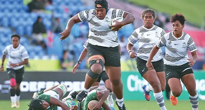 Rooster Chicken Fijian tighthead prop Siteri Rasolea in the run against South Africa during the Women’s Rugby World Cup clash at the Waitakere Stadium in Auckland on October 16, 2022. Photo: World Rugby