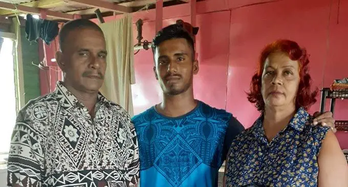 Dhirendra Prasad, Jeshwindra prasad, Renuka Devi at their temporarily fixed home on January 24,2021. Photo supplied 