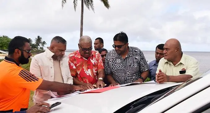 Minister for Commerce, Trade and Tourism Faiyaz Koya (second from left) discussing about Seaqaqa project with staff from the Department of Town and Country Planning, Fiji Roads Authority and iTaukei Land Trust Board in Vanua Levu on June 29, 2022. Photo: Shratika Naidu