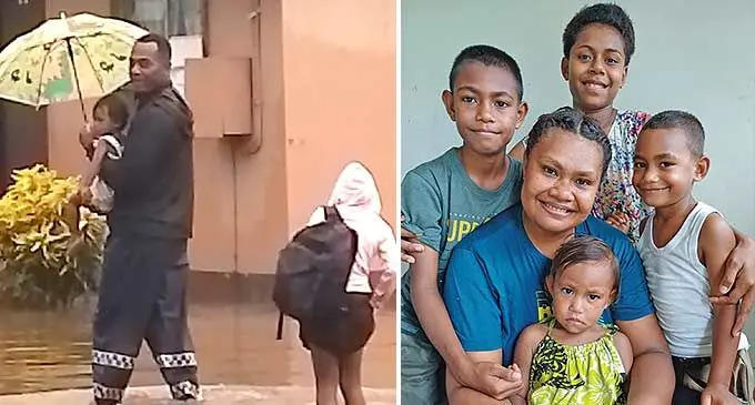 (From Left) Police Constable Sevanaia Nadoki carried the couple’s one-year-and-11-month old child, Lavenia Grace Tuiwainunu and (from the right) Laisa Tuiwainunu with her children Lavenia Grace, Luke, Timothy Tuiwainunu and cousin, Losana Tuiwainunu inside their house in Naodamu, Labasa, on February 13, 2024. Photo: Shratika Naidu
