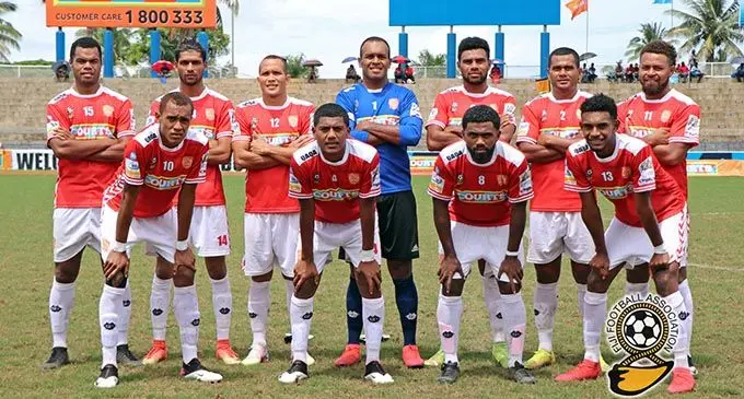 The Lincoln Refrigeration Rewa team, Back from left: Waisake Navunigasau, ,Shavnil Prasad, Tevita Waranaivalu, Simione Tamanisau, Josateki Tamudu, Peniame Drova, Misaele Draunibaka. Front, Gabirilele Cabenalawa, Inoke Turagalailai, Setareki Hughes and Epeli Valevou, before their match against Nasinu during the Courts Inter District Championship at ANZ Stadium, Suva on October 8, 2020. Photo: Fiji FA Media