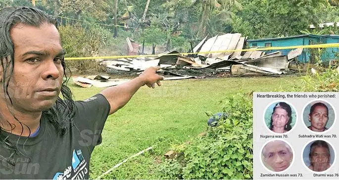 Bal Krishna, the late Nagama’s son, in front of what is left of their home after the fire killed his mother and her friends at Benau, outside of Labasa Town on April 30, 2020. Photo: Shratika Naidu
