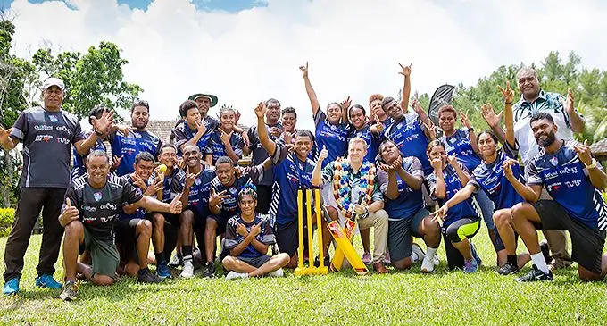 Australia High Commission Second Secretary-Political Tom Moreton 9with garland) during the official launch of Cricket for Good- Fiji project at the Centre for Training and Appropriate Technology in Nadave, Tailevu, on November 29, 2021. Photo: Cricket Fiji.