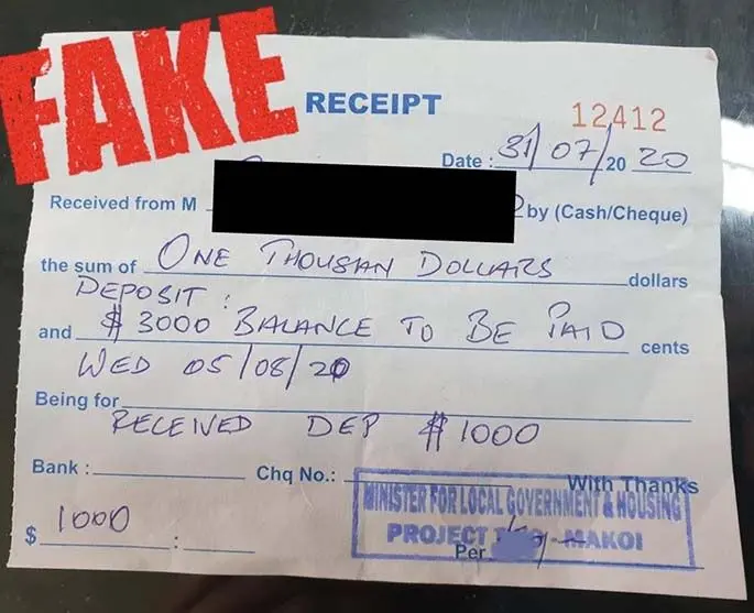 The fake receipt used in the alleged scam.