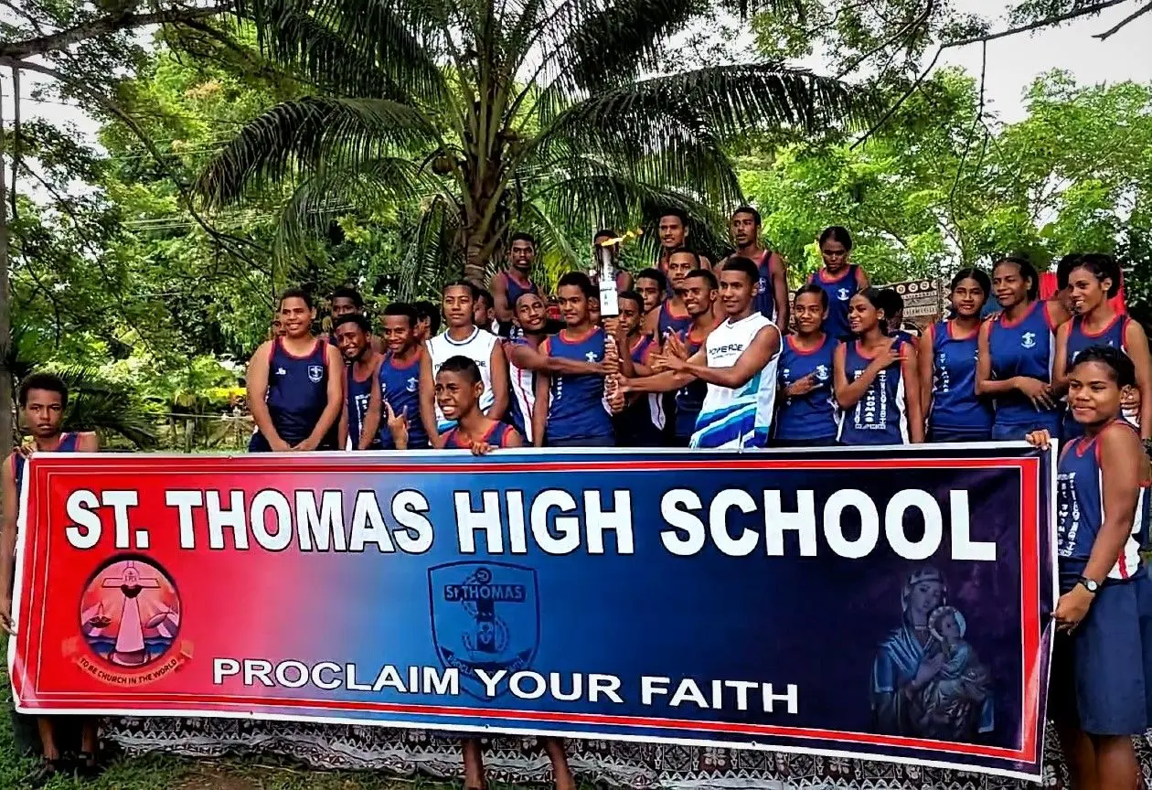Students of St Thomas High School in Lautoka welcome the Powerade national torch on April 17, 2023. Photo: Salote Qalubau