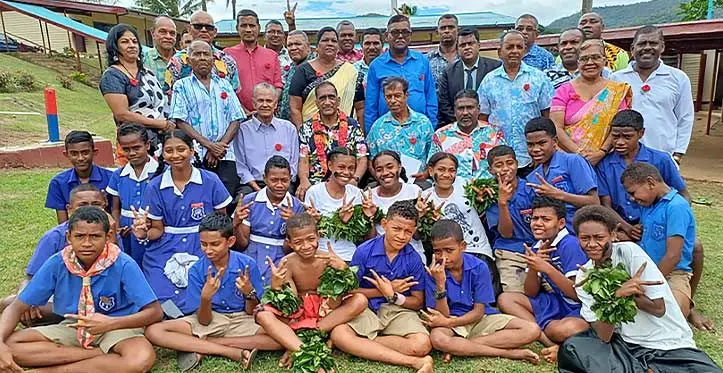Invited guests with chief guest, Parmod Chand (with garland), teachers and students at Korotari Arya Primary School in Labasa on July 26, 2023. Photo: Shratika Naidu