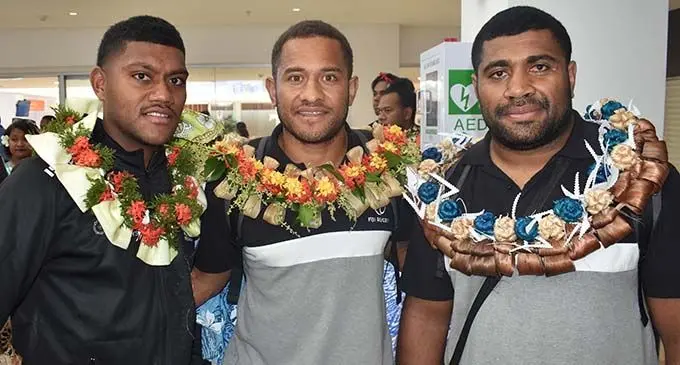 From left: Fiji Airways Flying Fijians reps Peni Matawalu, Teti Tela and Mosese Ducivaki at the Nadi International Airport on November 19, 2019. Photo: Waisea Nasokia