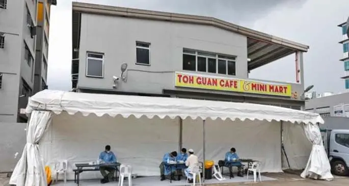 Photo taken on April 8, 2020 shows a temporary tent for medical check for foreign workers near the Toh Guan Dormitory in Singapore. (Ministry of Manpower Singapore/Handout via Xinhua)