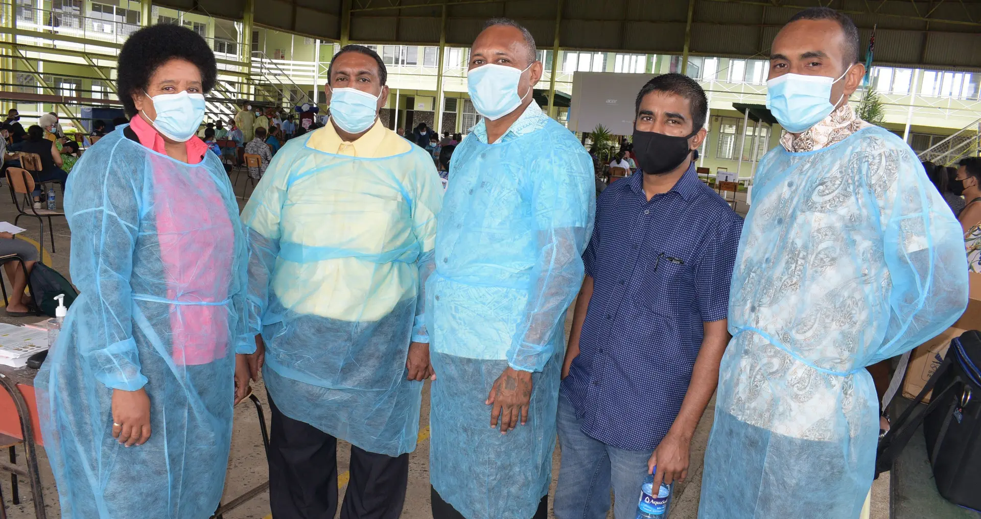 Teachers back in school, (from left) Vitorina Rokoqaqa, Asish Prasad, Josefa Volau, Sachin Deo and Viliame Vinau while assisting students with vaccination at Gospel High School hall on 20 September, 2021. Photo: Ronald Kumar.