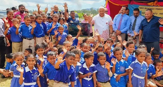 Prime Minister Voreqe Bainimarama, with students, teachers and school management of Seaqaqa Primary School on September 12, 2022. Photo: Sampras Anand