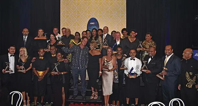 Prime Minister Voreqe Bainimarama with the winners of the 2018 ANZ Fiji Excellence in Tourism Gala Awards Dinner at the Sofitel Fiji Resort and Spa on Denarau last night. Photo: WAISEA NASOKIA