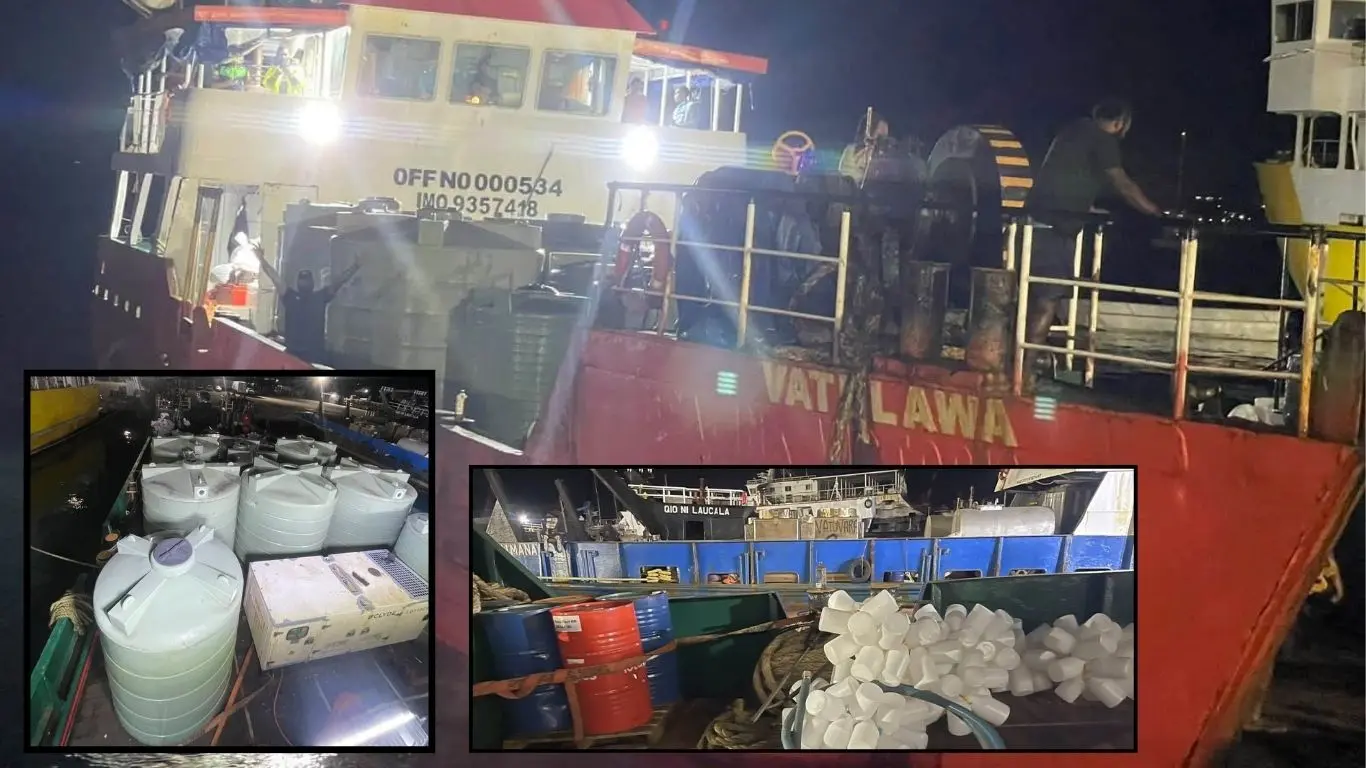 The MLC Vatulawa carrying emergency water supplies to Batiki Island as part of a coordinated government response to drought conditions and the impacts of El Niño.