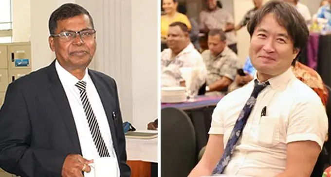 From Left: National Federation Party leader Biman Prasad and Hiroshi Taniguch (R).