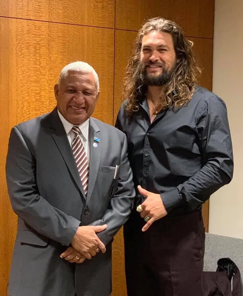 Prime Minister Voreqe Bainimarama and Aquaman Hollywood movie star Jason Momoa after the high-level meeting to review progress made in addressing the priorities of Small Island Developing States (SIDS) through the implementation of the Accelerated Modalities of Action (SAMOA) Pathway in New York.