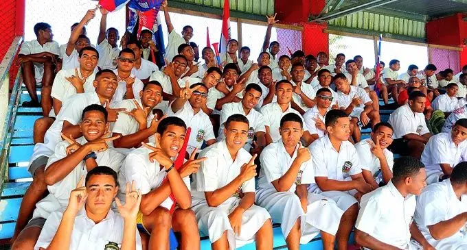 Marist Brothers High School students turn up in full force to support their Under-15 and Under-17 teams in the semifinals this morning. Photo: FSSRL 